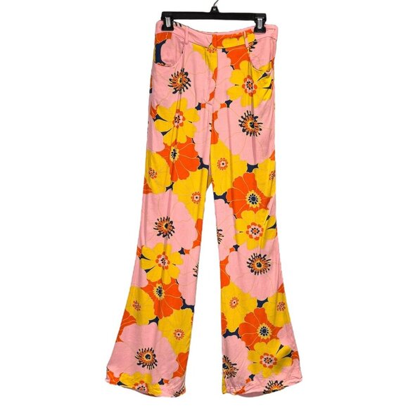 Zara Floral Print Flare Pants Sz.S Pink High Rise Viscose Dopamine Blogger Fav - Picture 6 of 16